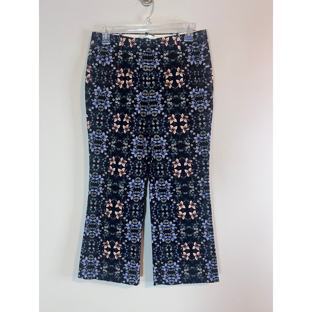 J.Crew Floral Kaleidoscope Cropped Flare Pants Black Blue Peach Size 2